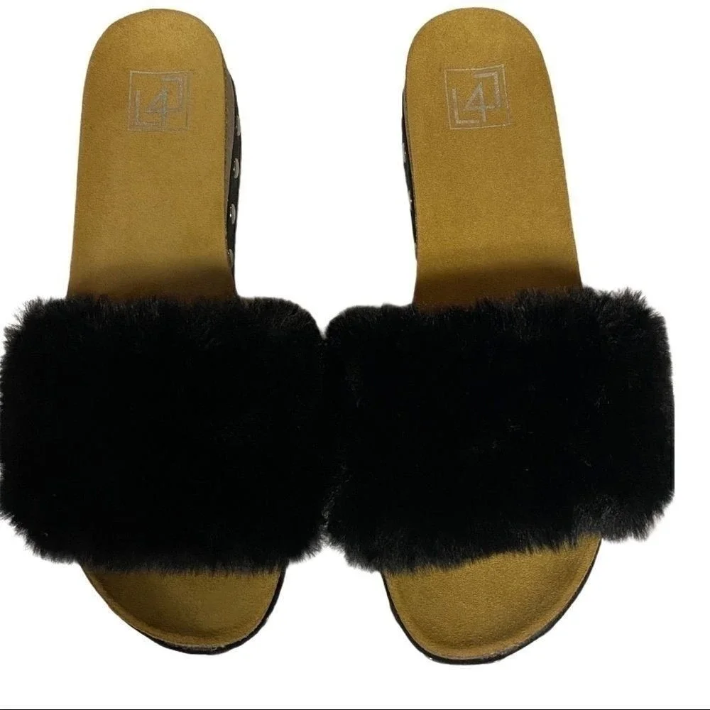 L4l By Lust For Life Sandals 10M Black Faux Fur Studded Wedge Platform Mule Chic